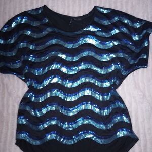 Sequin Wave Pattern Top - Black and Blue